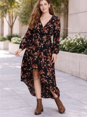 Xhilaration Black Floral High-Low Wrap Dress